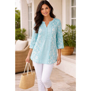 ZAC & RACHEL size SMALL Top Sheer Five Button Front 3/4 Sleeves Robin's Egg Blue